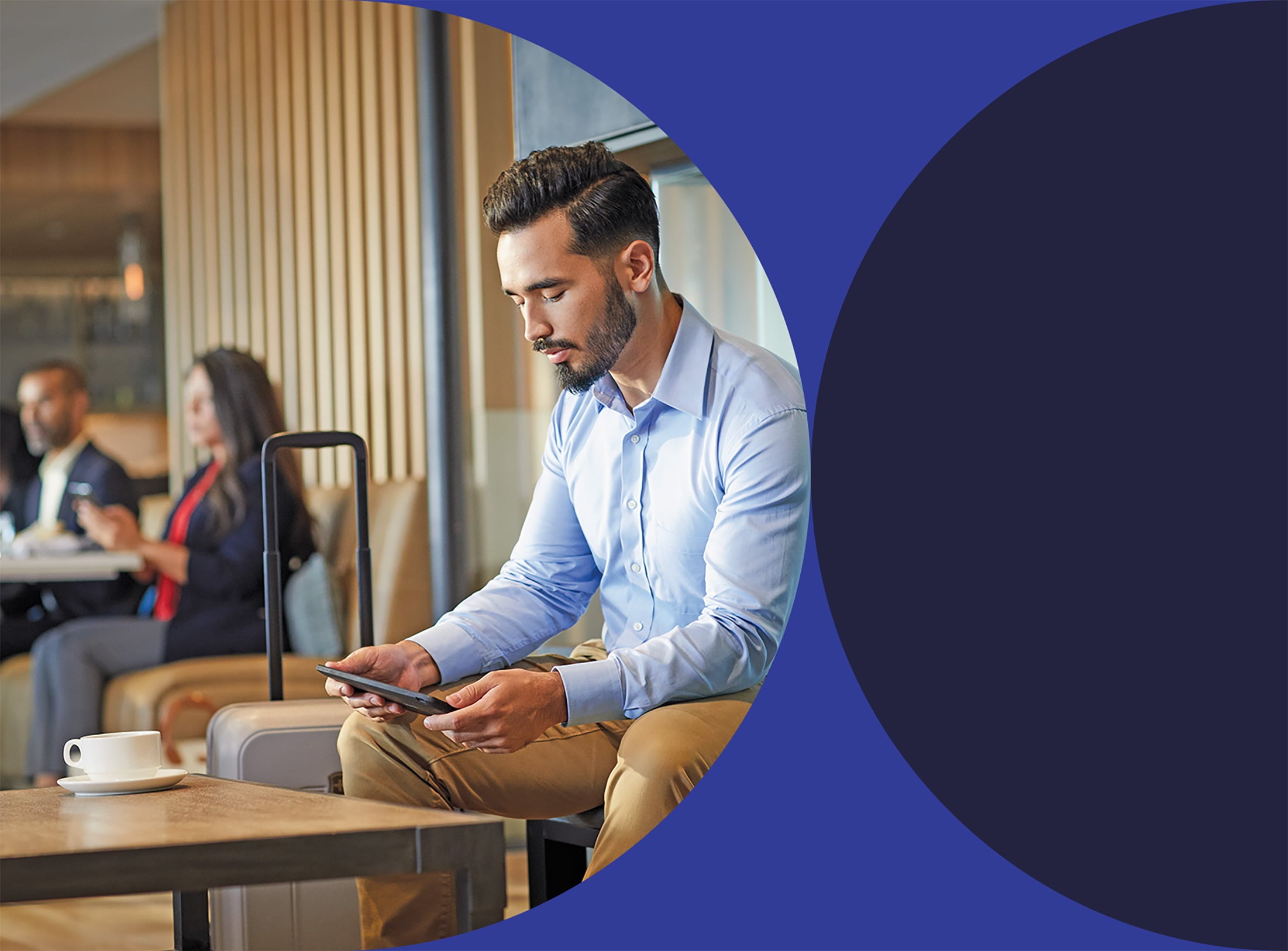 man relaxing in airport lounge