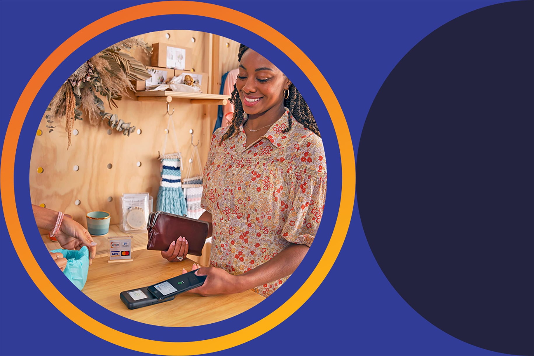 woman confidently paying at store